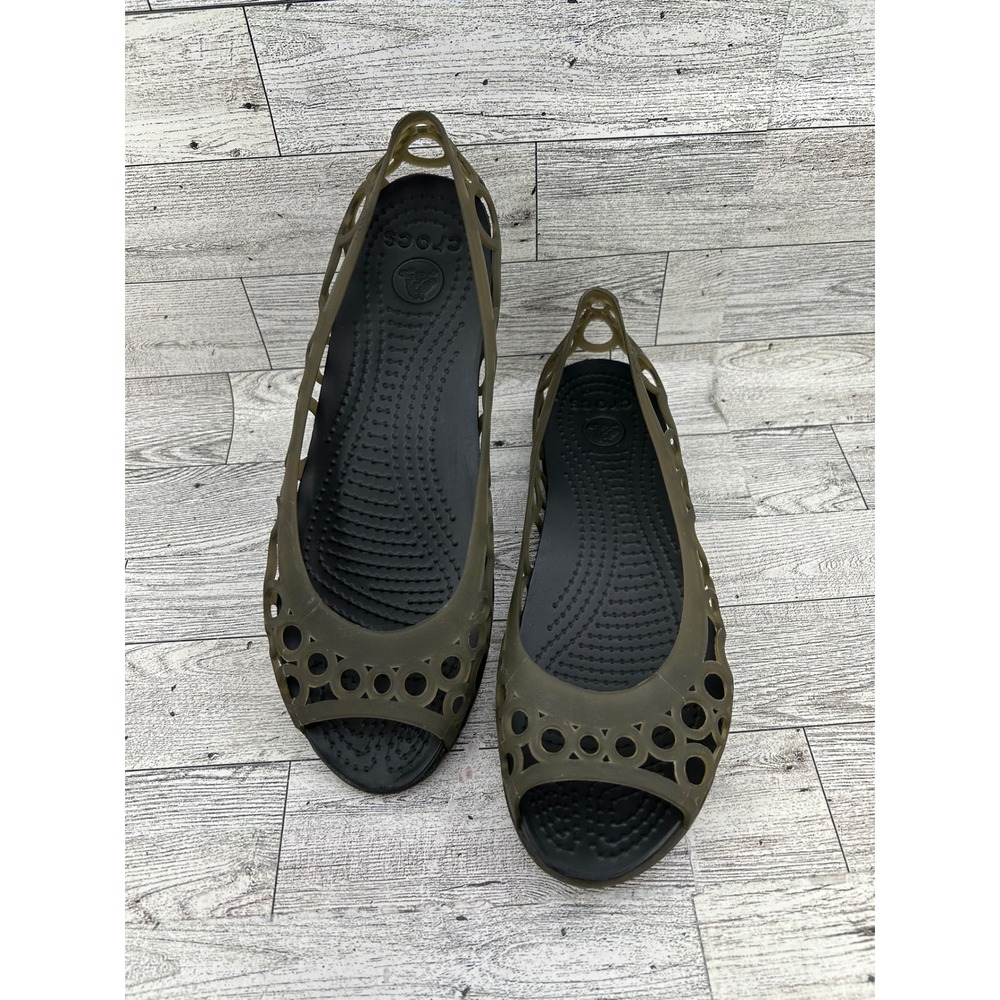 Crocs Adrina Peep Toe Flat Sandals Olive Green Black Womens Size 7 TPU Jelly